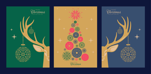 Aufkleber - Minimalistic New Year cards in green, gold, blue colors set with decorated Christmas tree and Christmas reindeer. Vector design template for cover, greeting card, invitations, print, poster, a4