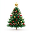 © Maxim Borbut - A beautifully isolated modern Christmas tree with decorations such as balls, garlands, bulbs, tinsel, and a golden star on top, rendered in a realistic style, EPS 10.