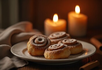 Cinnamon rolls with icing in a cozy setting with candlelight