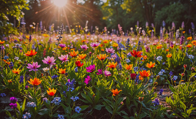 Poster - Field of flowers with a sun shining on them. The flowers are of various colors including pink, purple, and yellow