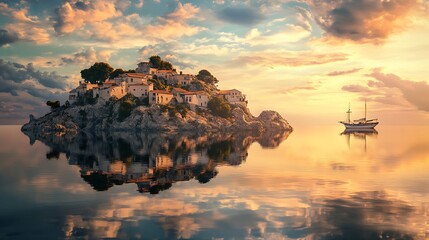 Wall Mural - Island Village Sunset Sailboat Calm Waterscape