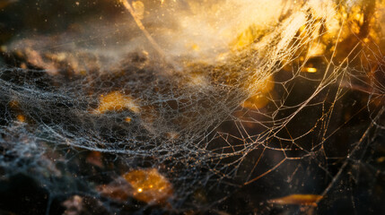 Glistening morning dew on an intricate spiderweb, illuminated by golden sunrise for a magical, sparkling effect