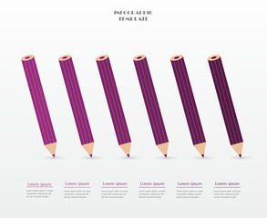 Wall Mural - Step by step violet infographic template with 6 steps, options, parts or processes. Creative pencils concept.