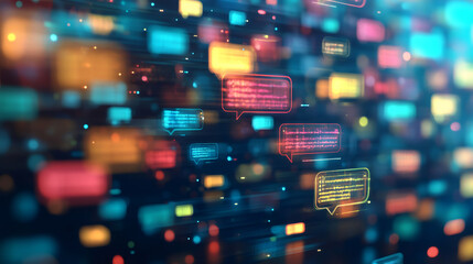 Vibrant digital speech bubbles convey information, symbolizing virtual communication and data transfer in an online environment
