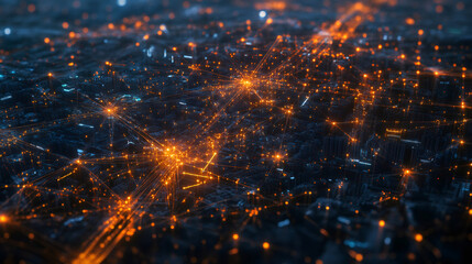Poster - Futuristic urban data flow and network communication depicted by orange lines connecting points of light over a dark cityscape