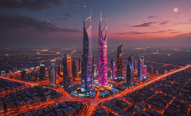 Poster - City with many tall buildings and a large moon in the sky. The buildings are lit up at night
