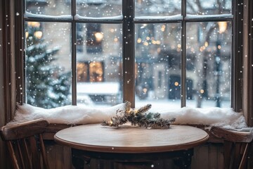 Wall Mural - Snowy Winter Scene at a Cozy Window Table