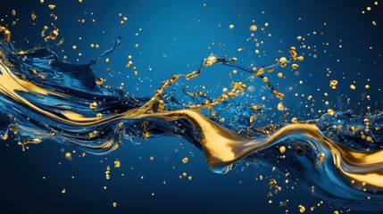 Wall Mural - Abstract Gold and Blue Liquid Splashes, Dynamic Flowing Waves