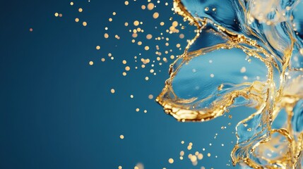 Wall Mural - Abstract Blue Liquid Gold Splash Dynamic Flow, Glimmering Particles