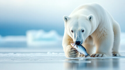 Wall Mural - polar bear feasting on a fish meal on shrinking ice, underscoring the impact of climate change on ar