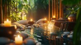 A luxurious spa scene with candles, smooth pebbles, a bamboo fountain and soft natural light creating a serene atmosphere
