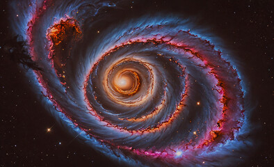 Wall Mural - Spiral galaxy with a bright orange center. The galaxy is surrounded by a blue and red swirl