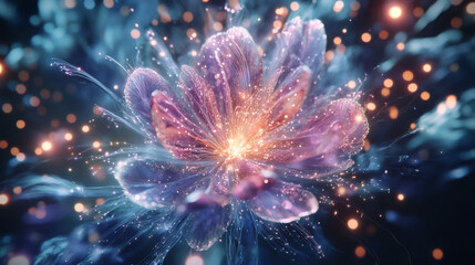 Aufkleber - Fiber optic flower blooming, radiating vibrant light and energy with sparkling particles, creating a mesmerizing spectacle of nature and technology