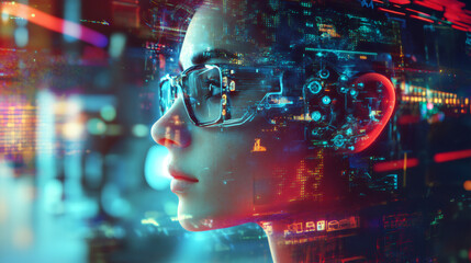 Leinwandbilder - Female using smart glasses to interact with holographic futuristic user interface for data analysis and visualization