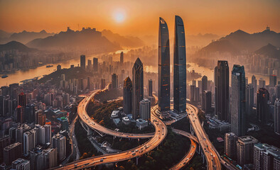 Poster - City with a river running through it and a large building in the middle. The sun is setting in the background