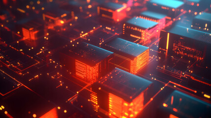 Poster - Glowing server units process data on a complex motherboard, illuminating the digital landscape with vibrant red and blue lights