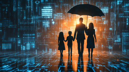 Aufkleber - Family with umbrella protecting themselves from data breach and digital disruption in virtual world
