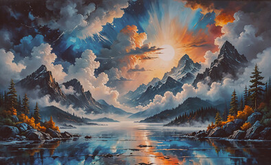 Fototapete - Painting of a mountain range with a lake in the foreground. The sun is shining on the water, creating a beautiful reflection