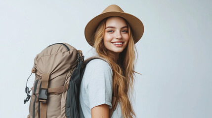 beautiful happy young tourist woman wearing a backpack and a hat, smiling and looking at the camera,