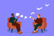 © IKON Images - Man’s speech bubbles changing into birds in counselling session