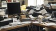 © RINLADA - A cluttered office desk with scattered papers, tangled cables, and a spilled coffee cup, symbolizing chaos and inefficiency
