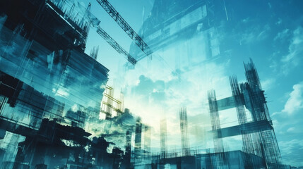 Fototapete - Double exposure of construction site with cranes and building frames rising against a blue sky with clouds