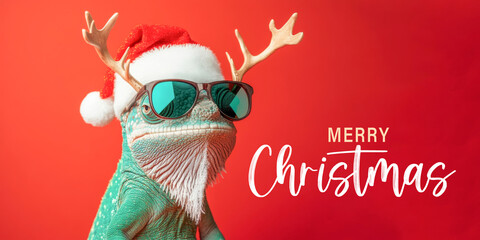Wall Mural - merry christmas concept holiday vacation winter animal pet greeting card with text - cool chameleon 