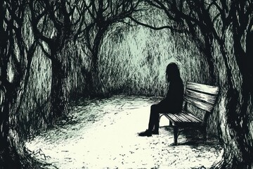 Wall Mural - A solitary figure sits on a bench in a dark, eerie forest, evoking feelings of isolation.