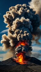 Wall Mural - Erupting volcano with flowing lava and dramatic blue sky.