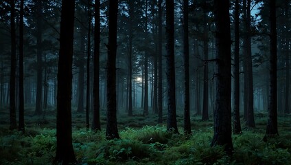  Ethereal, serene, moonlit forest at twilight.