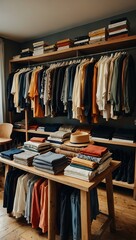 European secondhand store with organized clothes and books.