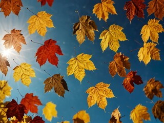 Falling autumn leaves on a sunny day.