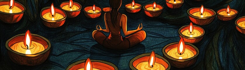 Poster - A person meditating amidst floating candles in a serene environment.