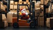 © altitudevisual - Santa Claus operating a forklift in a warehouse filled with cardboard boxes and pallets, representing festive logistics and holiday preparations amidst industrial storage.