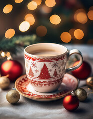 Wall Mural - A white cup with red Christmas patterns sits on a matching saucer, surrounded by festive ornaments and warm bokeh lights in the background.