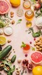 © Alex Photography - A vibrant flat lay featuring fresh fruits like grapefruit, kiwi, and oranges, along with nuts, honey, and herbs on a pastel background.