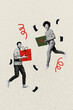 © deagreez - Trendy art creative vertical photo collage of two happy girl guy run present greeting new year occasion gift box on white background