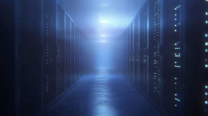 Poster - Futuristic server room is hosting network data with flashing lights in a modern datacenter