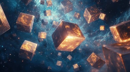 Wall Mural - Cosmic Cubes Glowing Celestial Blocks Drifting in Nebula