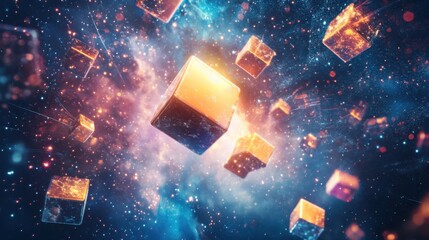 Wall Mural - Glowing Cosmic Cubes Abstract Nebula, Space, Digital Art