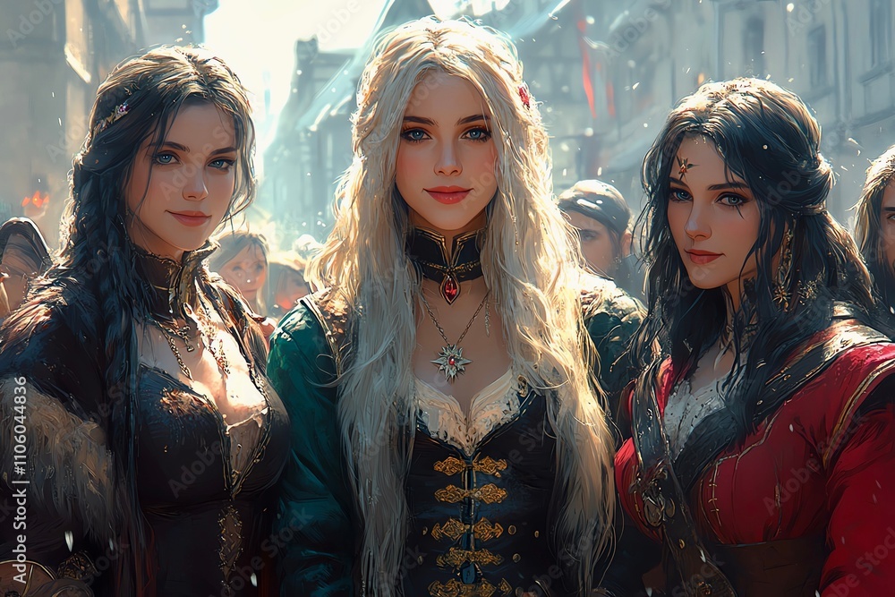 Three women in medieval attire stand together, exuding elegance and ...