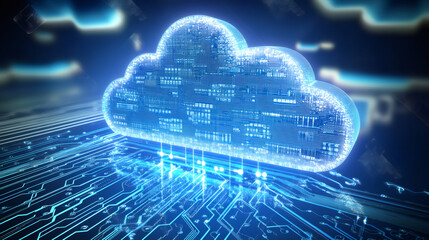 Aufkleber - Innovative digital environment: glowing lines connecting cloud computing technology to circuit board for data transfer and storage