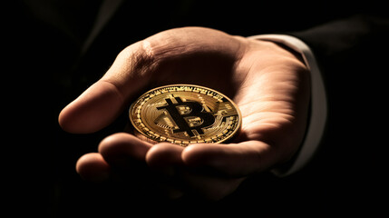 Leinwandbilder - Confident businessman holding shiny gold bitcoin, symbolizing cryptocurrency and digital finance, showcasing investment and wealth in modern economy