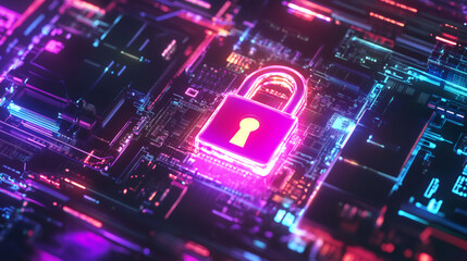Fototapete - Glowing pink and orange padlock on futuristic neon circuit board symbolizing cybersecurity and data protection