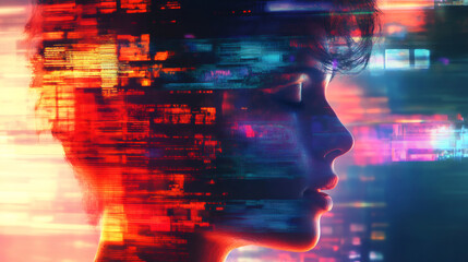 Aufkleber - Digital transformation: woman's face merging with glitching data stream, symbolizing fusion of human and technology
