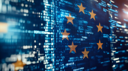 Aufkleber - European union flag made of golden stars forming on a computer screen with scrolling binary code, representing digitalization and online presence