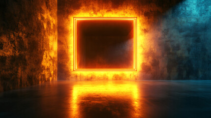 Aufkleber - Empty dark room with glowing orange square neon light reflecting on the polished concrete floor