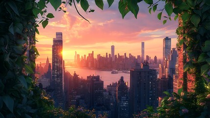 Sticker - Cityscape Sunset Viewed Through Lush Overgrown Ruins