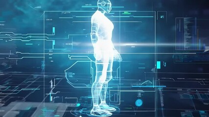 A drawing of a robot filled with software code, indicating advanced technological development.	