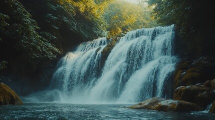 Sticker - Scenic waterfall cascading into a tranquil pool within a lush, sunlit forest.